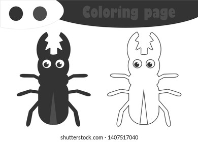Beetle in cartoon style, coloring page, spring education paper game for the development of children, kids preschool activity, printable worksheet, vector illustration