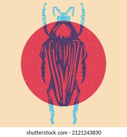 Escarabajo. Colorido efecto de impresión de pantalla linda. Efecto de impresión Riso. Ilustración vectorial. Elementos gráficos para tejidos, textiles, prendas de vestir, papel de envolver, papel pintado