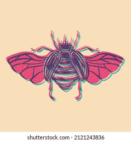 Beetle. Colorful cute screen printing effect. Riso print effect. Vector illustration. Graphic element  for fabric, textile, clothing, wrapping paper, wallpaper