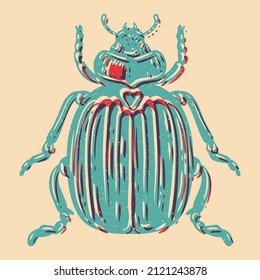 Beetle. Colorful cute screen printing effect. Riso print effect. Vector illustration. Graphic element  for fabric, textile, clothing, wrapping paper, wallpaper