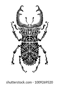 Beetle deer decorative vector illustration. Black and white graphics