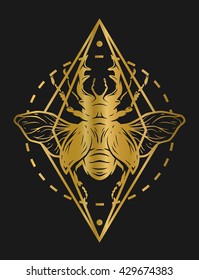 Beetle deer and geometric elements. Golden symbol on a dark background.