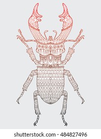Beetle deer. Horned Beetle. Big. Insect. Line art. Drawing by hand. Graphic arts. Doodle. Tattoo.  Lucanus cervus. Ornamental.