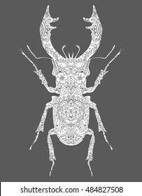 Beetle deer. Horned Beetle. Big. Insect. Line art. Drawing by hand. Graphic arts. Doodle. Tattoo.  Lucanus cervus. Ornamental.