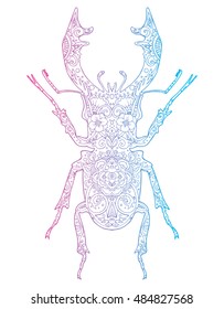Beetle deer. Horned Beetle. Big. Insect. Line art. Drawing by hand. Graphic arts. Doodle. Tattoo.  Lucanus cervus. Ornamental.