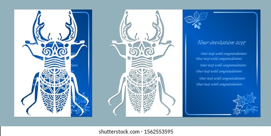 beetle deer paper. Laser cut. Set template for laser cutting and Plotter. Vector illustration. Pattern for the laser cut, plotter and screen printing.