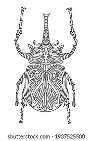 Página de coloreo de elefantes de escarabajo. Ilustración vectorial lineal del escarabajo elefante. Libro de colorantes antiestrés para adultos y niños. Libro de colorantes de doodles dibujado a mano.