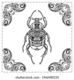 beetle engraving A deer beetle with a face and mask on the wings hand drawn illustration design