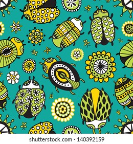 beetle floral doodle seamless vector pattern for backgrounds wedding textile interior and decoration colorful blue