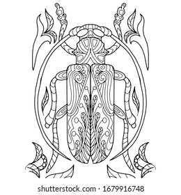 beetle with floral ornament for coloring on a white background, isolated, white background, insect for coloring, vector