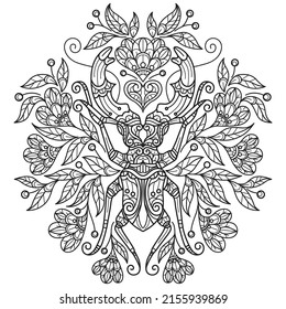 Beetle and flowers hand drawn for adult coloring book