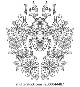 Beetle and flowers hand drawn for adult coloring book