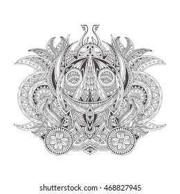Beetle. Hand-drawn floral ornament. Pattern in black and white. Adult coloring book page and tattoo design. Vector illustration. Zendoodle.