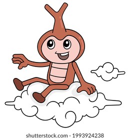the beetle is happily sitting on the clouds in the sky, vector illustration art. doodle icon image kawaii.