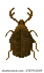Beetle with horn and legs in frontal view, 8-bit blocky shading and crisp edges. Symbol of pest control, nature study, and retro game vibe. Cartoon vector illustration.