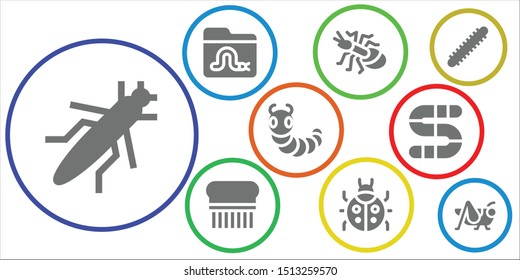 beetle icon set. 9 filled beetle icons.  Simple modern icons about  - Grasshopper, Worm, Ant, Flea, Ladybug, Caterpillar, Centipede