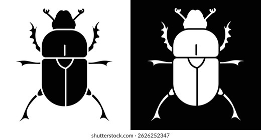 Käfer-Icon-Vektor in Schwarz-Weiß. Symmetrische Insektensilhouette mit detaillierten Beinen, Antennen und Körpersegmenten. Perfekt für Designs, die sich auf Bugs, Natur, Tierwelt oder Entomologie beziehen.