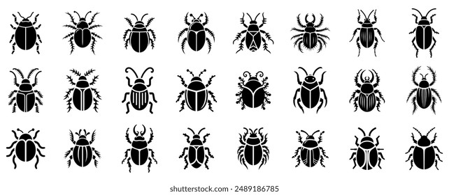 Beetle icons set. Set of simple black silhouettes of different beetles insects isolated on white background. Vector illustration