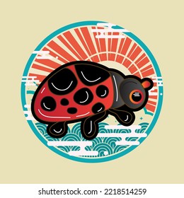 beetle illustration design with japanese style background and logo