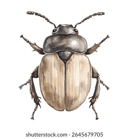 A beetle illustration in watercolor style, featuring segmented antennae, six legs, and textured elytra. The beetle's body is a mix of brown and beige tones.
