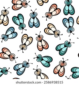 Beetle insect cartoon illustration vector seamless pattern.  Baby cloth tissue print. Moth butterfly repeating summer pattern. Children drawing pretty design.