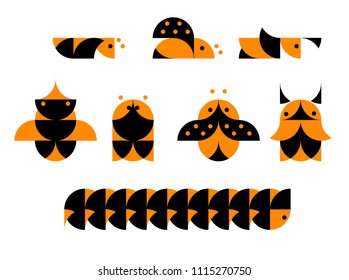 Beetle Insect icon set. Nursery Childish Background with insects. Decorativ Style Trendy Textile, Wallpaper, Wrapping, Kids Apparel Design. Vector illustration, clip art, cartoon.