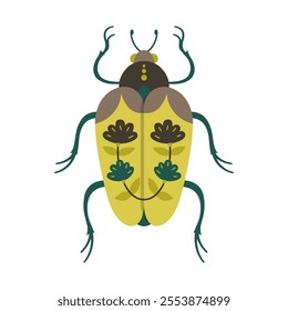 Beetle insect illustration. Abstract fantasy bug with colorful patterned wings. Stylized comic whimsical folk art bug clipart for children. Fancy funny vintage bug. Isolated symbol retro vector design