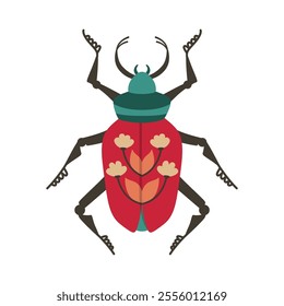 Beetle insect illustration. Abstract fantasy bug with colorful patterned wings. Stylized comic whimsical folk art bug clipart for children. Fancy funny vintage bug. Isolated symbol retro vector design