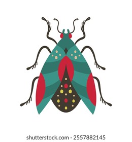 Beetle insect illustration. Abstract fantasy bug with colorful patterned wings. Stylized comic whimsical folk art bug clipart for children. Fancy funny vintage bug. Isolated symbol retro vector design