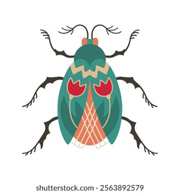 Beetle insect illustration. Abstract fantasy bug with colorful patterned wings. Stylized comic whimsical folk art bug clipart for children. Fancy funny vintage bug. Isolated symbol retro vector design