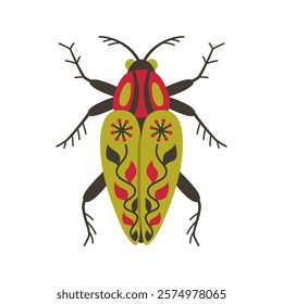 Beetle insect illustration. Abstract fantasy bug with colorful patterned wings. Stylized comic whimsical folk art bug clipart for children. Fancy funny vintage bug. Isolated symbol retro vector design