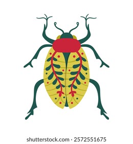 Beetle insect illustration. Retro fantasy bug with patterned wings. Stylized comic whimsical folk art bug clipart for children. Fancy funny abstract bug. Isolated vintage comic symbol vector design