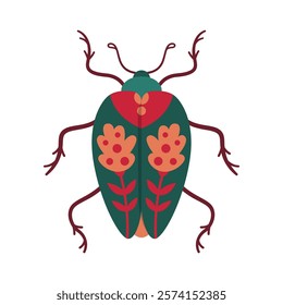 Beetle insect illustration. Retro fantasy bug with patterned wings. Stylized comic whimsical folk art bug clipart for children. Fancy funny abstract bug. Isolated vintage comic symbol vector design