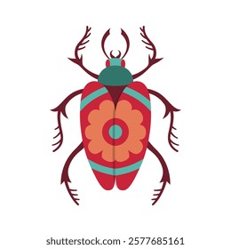 Beetle insect illustration. Retro fantasy bug with patterned wings. Stylized comic whimsical folk art bug clipart for children. Fancy funny abstract bug. Isolated vintage comic symbol vector design