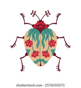 Beetle insect illustration. Vintage fantasy bug with colorful patterned wings. Stylized comic whimsical folk art bug clipart for children. Fancy funny abstract bug. Isolated symbol retro vector design