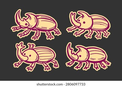 Beetle insect set featuring hand drawn rhinoceros beetles in a cute cartoon style with bold purple outlines isolated on a solid dark gray background surface