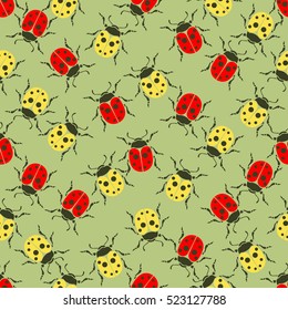 Beetle ladybug seamless pattern, insects vector background. Red and yellow speckled bugs on a green background. For fabric design, wallpaper, wrapping, print, paper, decoration