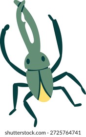 Escarabajo con cuerno largo y garra de elevación del cuerpo segmentado, seis patas desplegadas. Símbolo de fuerza, defensa, enfoque en la naturaleza, estudio de la vida silvestre, resiliencia. Ilustración vectorial de dibujos animados.