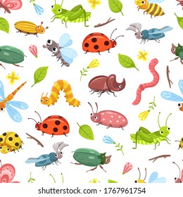 Beetle pattern. Isolated bugs, ladybug dragonfly, baby textile design. Cute wild insects background. Floral forest vector seamless texture