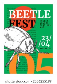 Beetle poster design. Entomology exhibition. Natural museum. Sketch bug. Gallery invitation flyer. Insect festival. Lettering font. Typography collage graphic art. Vector zoo event banner template