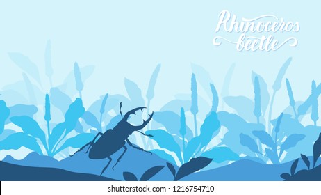 Beetle Rhino climbs on a stone in the grass background. Life of insects in the wild illustration. Beauty acro world