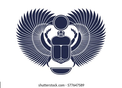 Beetle scarab with wings, sun and a crescent moon. Ancient Egyptian culture. God Khepri Sun morning dawn. The emblem, logo. Silhouette. Object isolated on white background. Vector illustration.