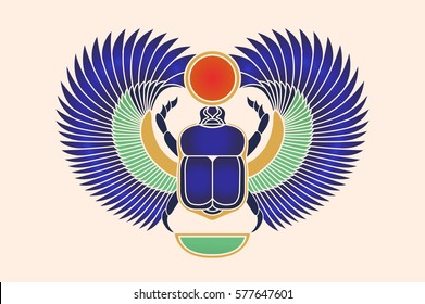 Beetle scarab with wings, sun and a crescent moon. Ancient Egyptian culture. God Khepri Sun morning dawn. The emblem, logo. Object isolated on white background. Vector illustration.