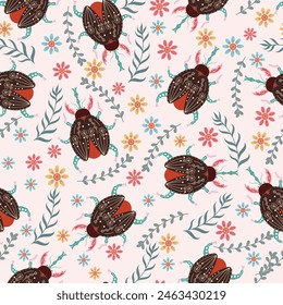 Beetle seamless pattern in flat vector