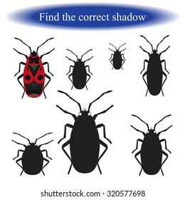  Beetle soldier (pyrrhocoris apterus). Find the correct shadow. Vector illustration