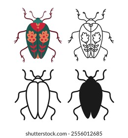 Beetle symbol cartoon set. Abstract bug linear icon. Stylized folk art insect cockroach emblem collection. Simple sign doodle or silhouette floral bug insect clipart. Vector isolated illustration art