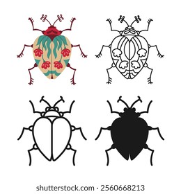 Beetle symbol cartoon set. Abstract bug linear icon. Stylized folk art insects flat hand drawn emblem collection. Sign simple doodle or silhouette funny insect clipart. Vector isolated illustration