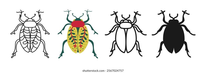 Beetle symbol cartoon set. Abstract bug linear icon. Stylized folk art insects flat hand drawn emblem collection. Sign simple doodle or silhouette funny insect clipart. Vector isolated illustration