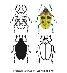 Beetle symbol cartoon set. Abstract bug linear icon. Stylized folk art insect cockroach emblem collection. Simple sign doodle or silhouette floral bug insect clipart. Vector isolated illustration