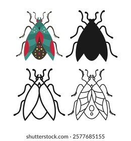 Beetle symbol cartoon set. Abstract bug linear icon. Stylized folk art insects cockroach emblem collection. Simple sign doodle or silhouette funny bug insect clipart. Vector isolated illustration